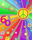 1960Ã¢â¬â¢s Hippie Style Art Poster with colorful sunburst, peace symbol and Flower-power Royalty Free Stock Photo